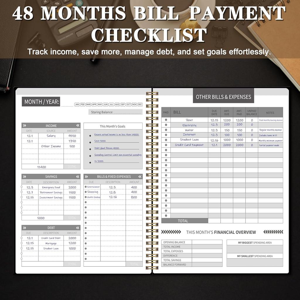 Undated Monthly Bill Payment - 48-Month Undated Financial Organizer with Income Tracker, Savings & Debt Management, Yearly Goals, Expense Tracking