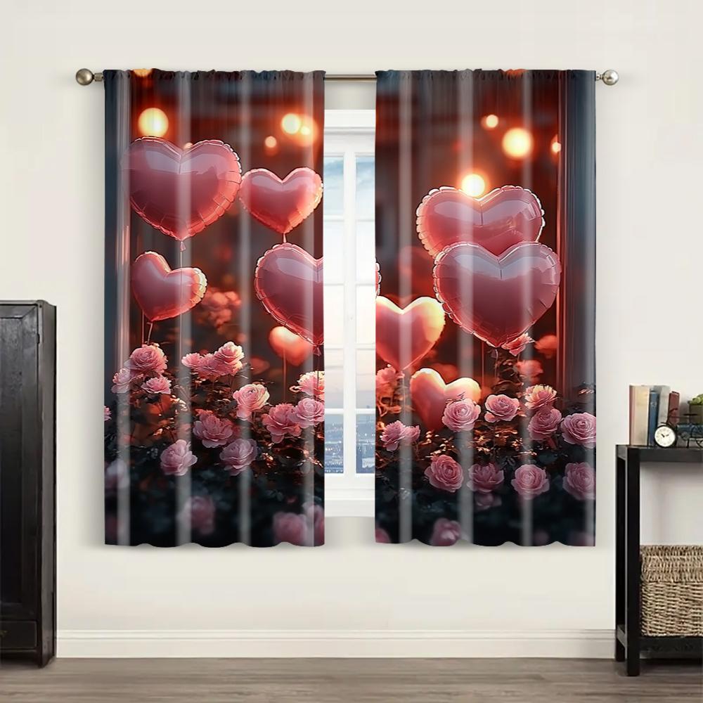 2pc,  Valentine's Day Window Treatment Curtains Romantic Heart Theme Roses Durable Polyester,Without Electricity Spring Party &