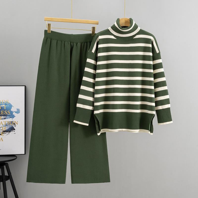 Women's Striped Knit Sweater & Wide-Leg Pants Casual Two-Piece Set for Autumn/Winter