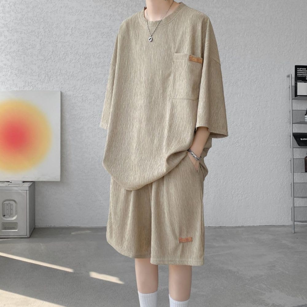 Aaronlive Short Sleeve and Short Pants Summer Plus Sizes and Cool Khaki Size M Men's T-Shirt Set, Wear, Available, Casual, Stylish, Breathable,