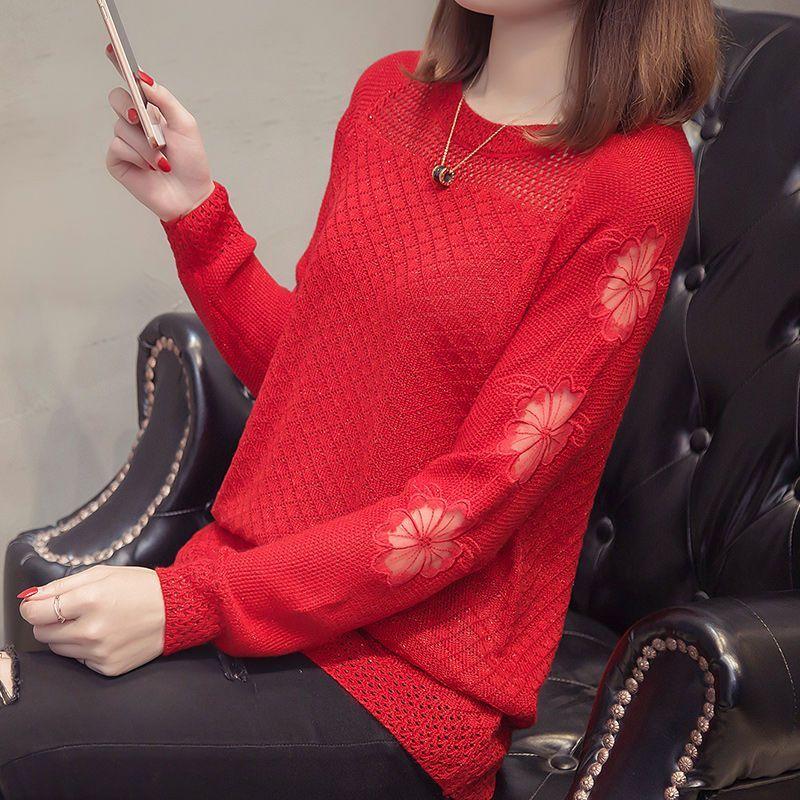 Early Autumn Women s Clothing Autumn Clothing Round Neck Loose Lace Base Sweater Pullover Sweater Women s Short Knitted Sweater M красный