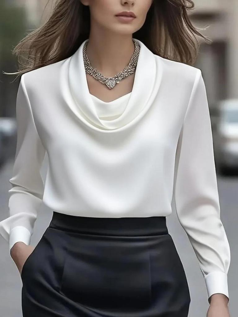 Autumn Fashion Elegant Chic Solid Color Simple Stand Collar Long Sleeve Shirt Women