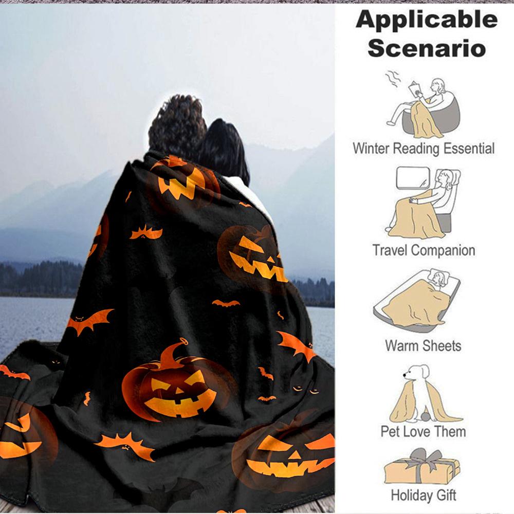 1pc Pumpkin Bat Print Blanket - Lightweight Flannel Throw Blanket For Sofa, Bed, Living Room, Office, Outdoor Travel, Camping, Soft All-Season070