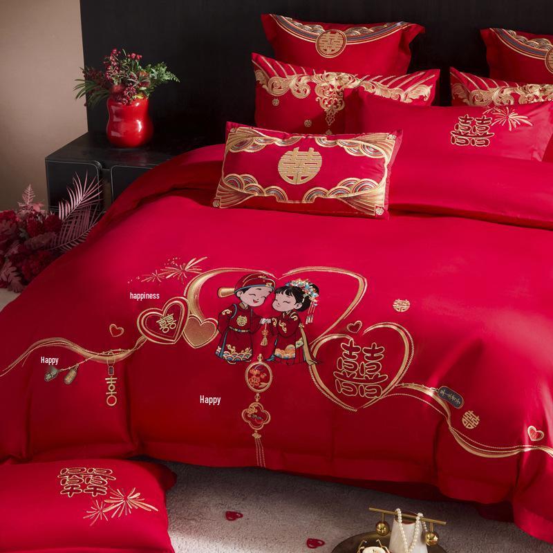 Newlywed Embroidered Cartoon Cotton Bedding Set - Four-Piece: Duvet Cover & Couple Bed Sheet