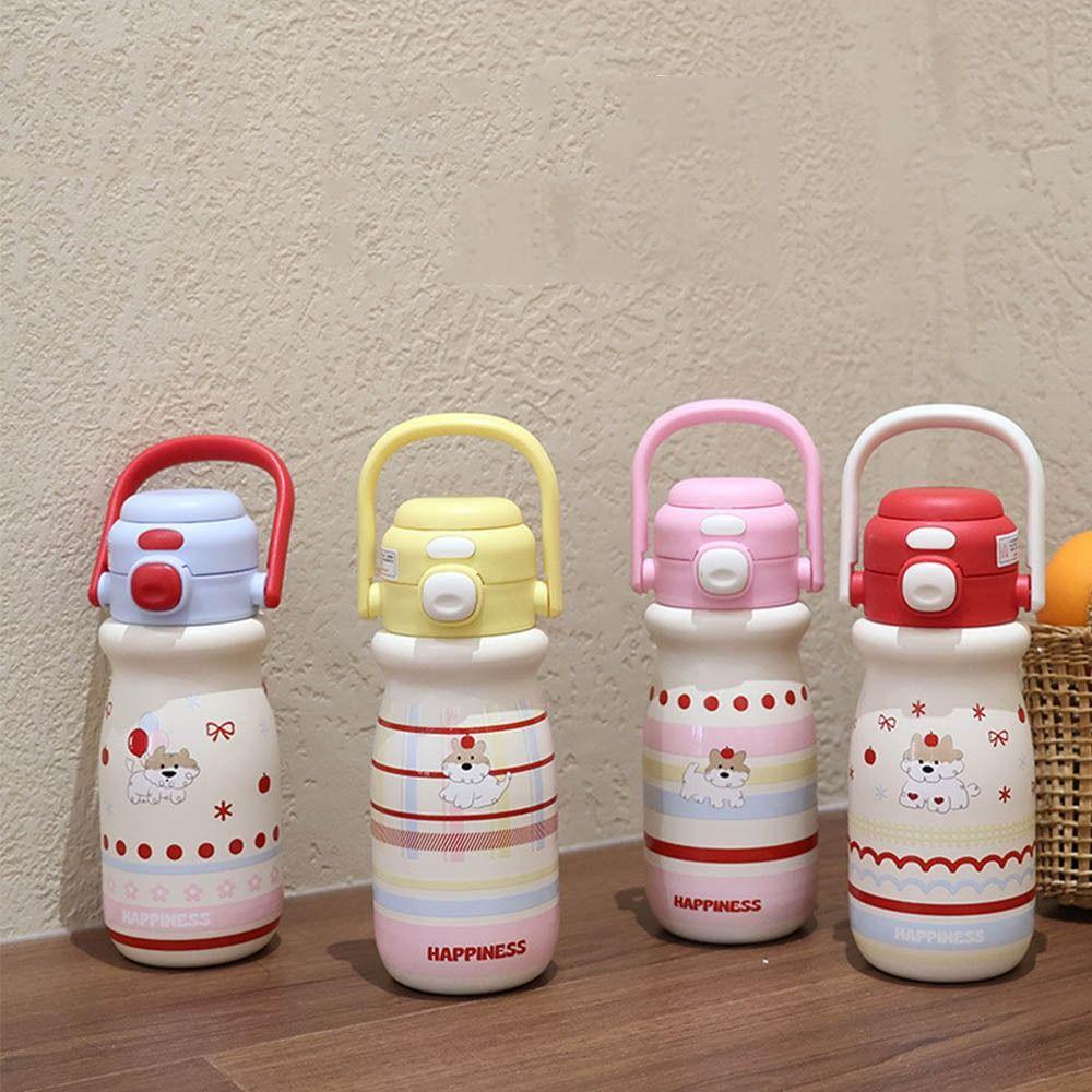 520ml Cartoon Straw Cup with Handle Vacuum-insulated Bottle Cute Puppy Bounce Insulated Cup Sports