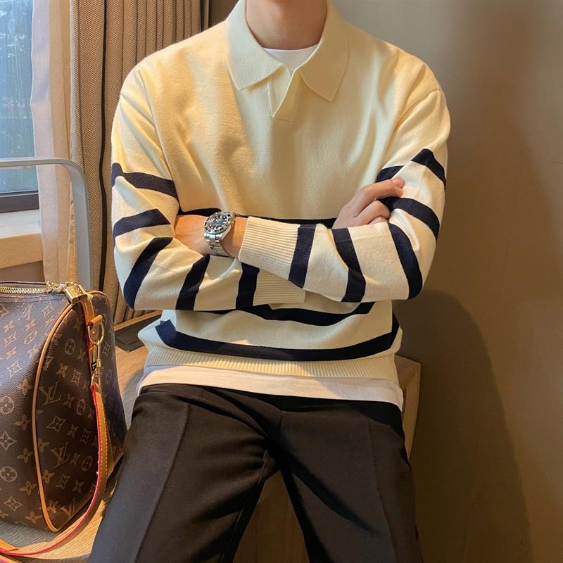 Striped Polo Collar Knitted Sweater For Men's Autumn And Winter Loose Casual Sweater Business Commuting Top
