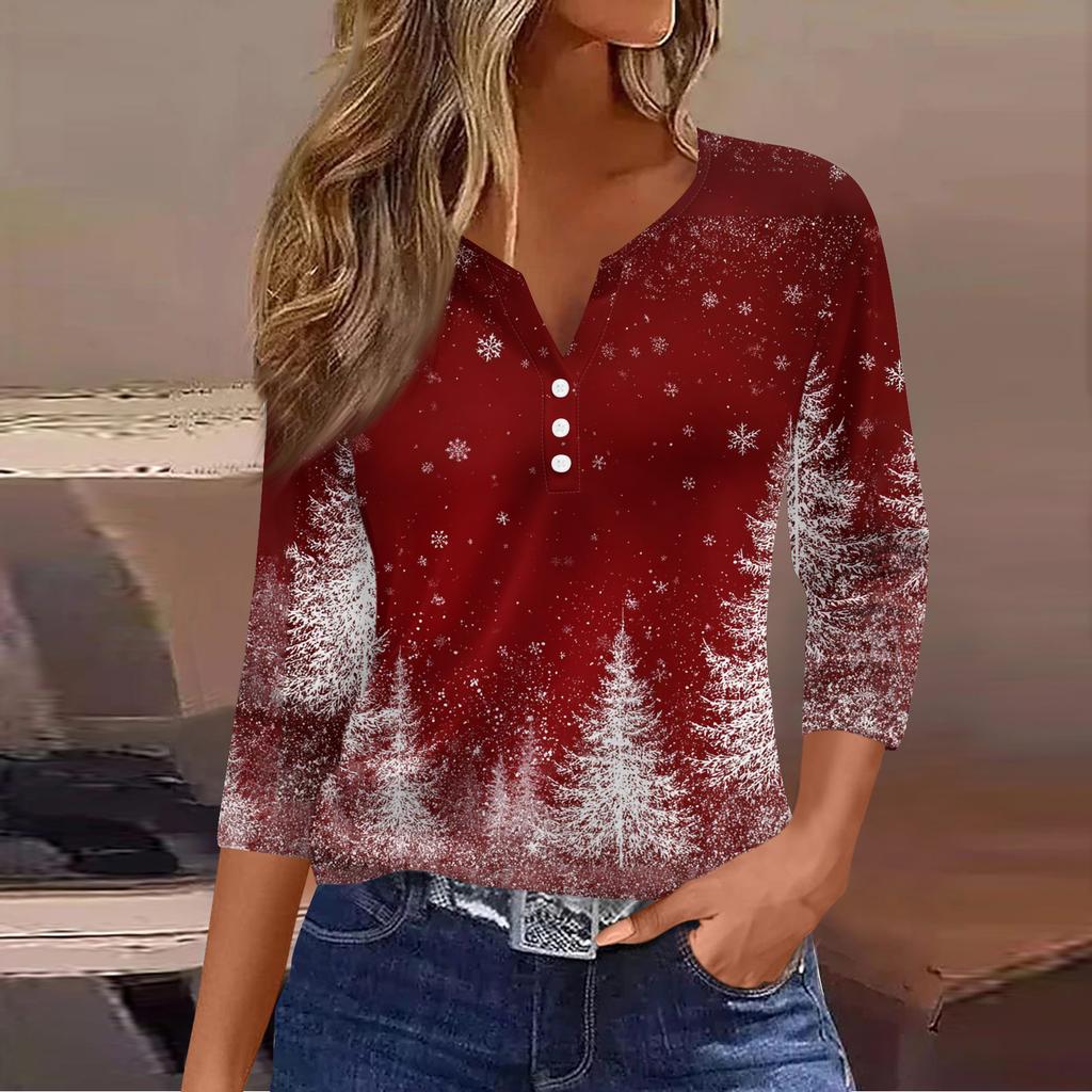 Women's Casual Fashion V-neck Loose Versatile Christmas Print Three-quarter Sleeve Top