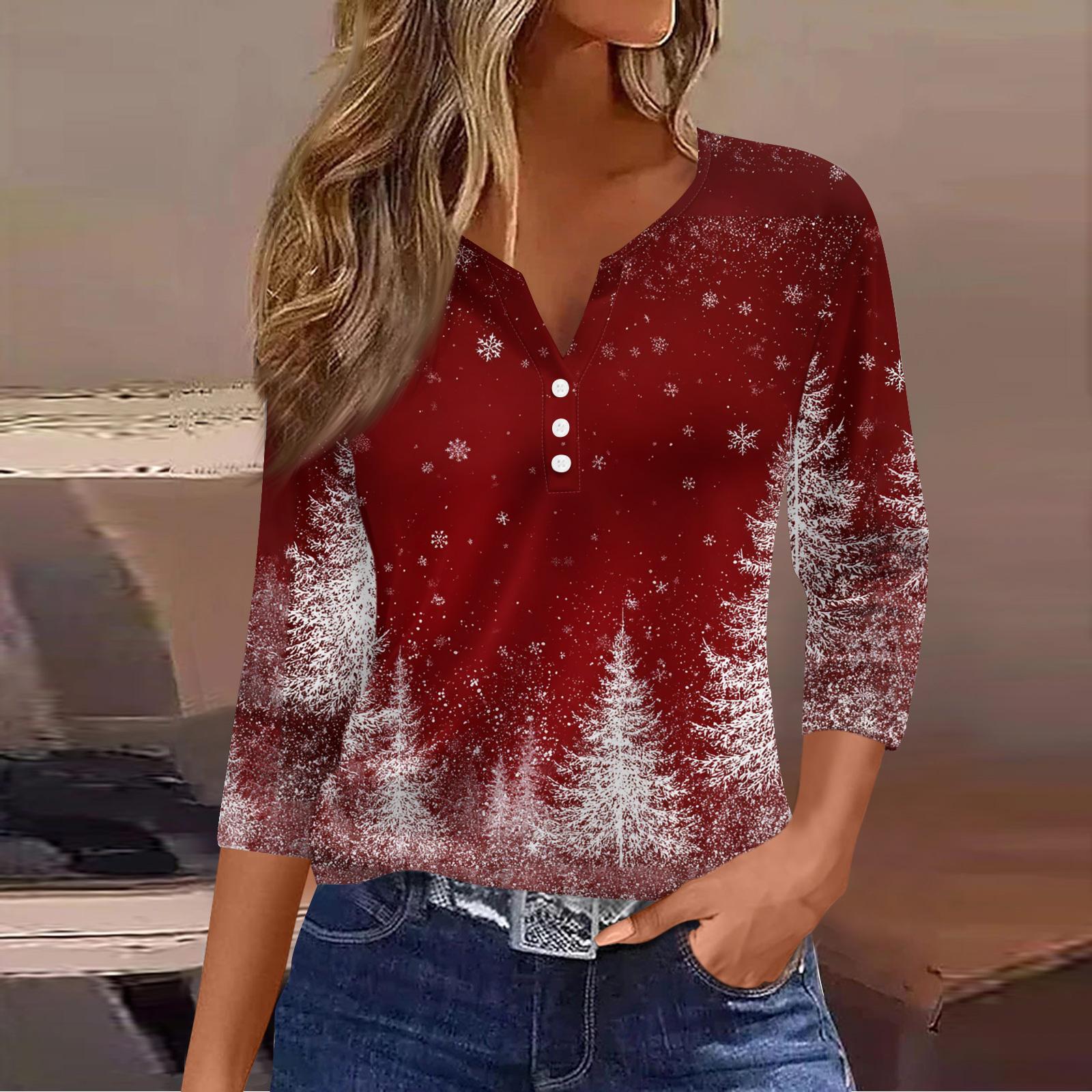 

Женский повседневный модный топ с V-образным вырезом, свободного кроя, универсальный, с рождественским принтом, рукав три четверти M