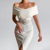 Women Dress Strapless Off Shoulder with Belt Solid Color Party Evening Dress for Office