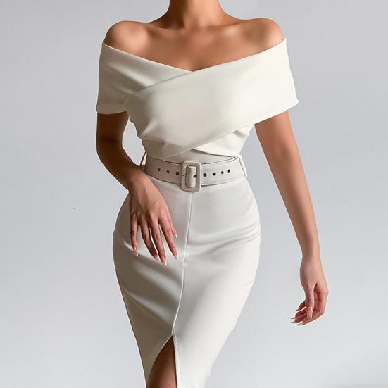 Women Dress Strapless Off Shoulder with Belt Solid Color Party Evening Dress for Office