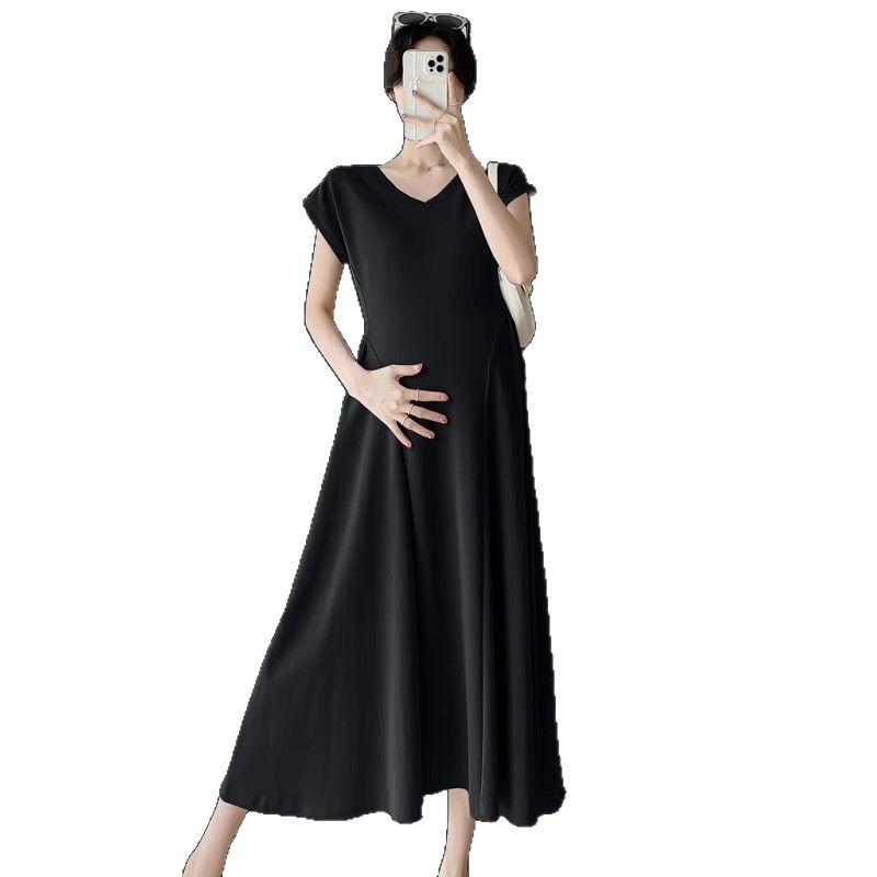 Maternity Collar Short-sleeved Dress Women's Summer New Temperament Loose Belly and Thin Medium and Long Maternity Dress