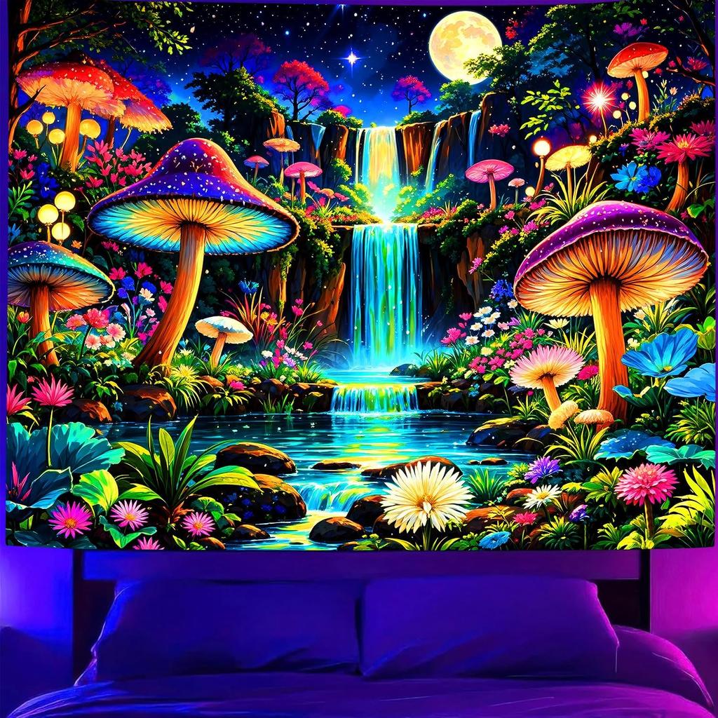 Ine Ive Blacklight Fantasy Mushroom Forest Tapestry Aesthetic UV Reactive Waterfall Tapestries 60x51Inch Moon Night Wildflower Plant Landscape Black