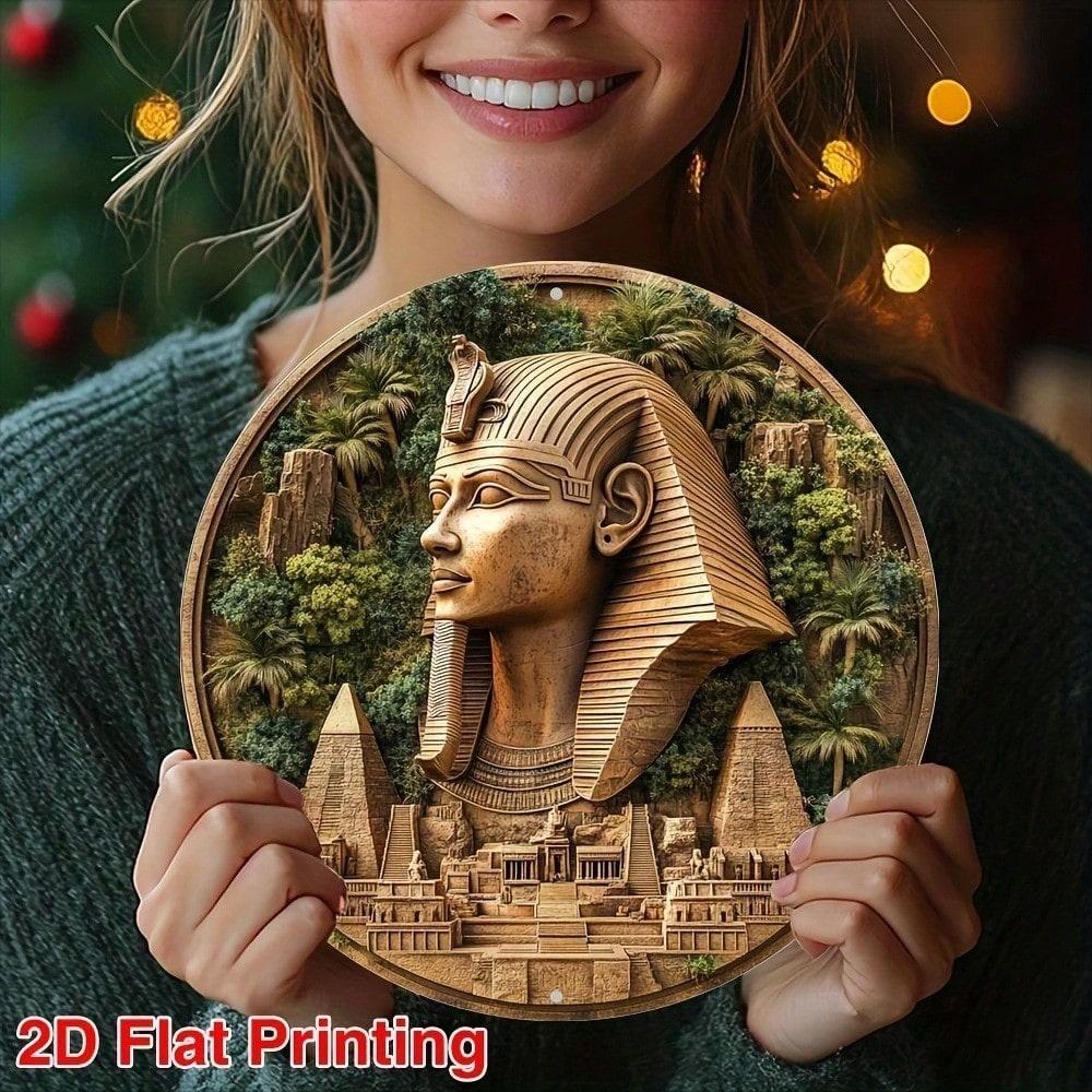 Vintage Egyptian Pharaoh Aluminum Wall Art, 8x8 Inch Round Metal Sign for Home Living Room Kitchen Decor