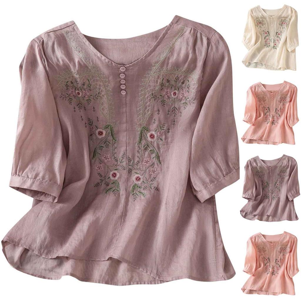 Fashion Women's Shirt Five-quarter Sleeve Spring And Summer Loose Top Embroidered Shirt