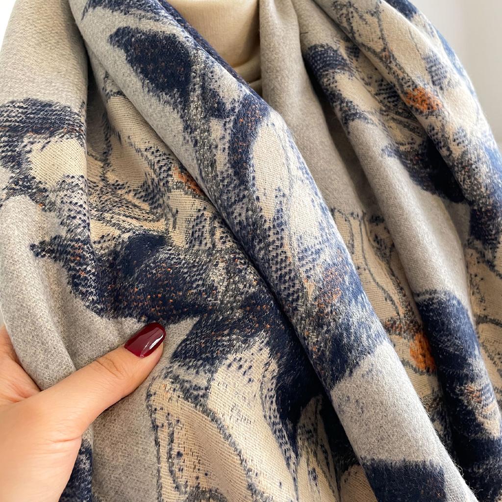 NEW Luxury Winter Cashmere Oil Painting Magnolia Design Scarf Women Warm Pashmina Blanket Poncho Scarves Female Elegance Shawl