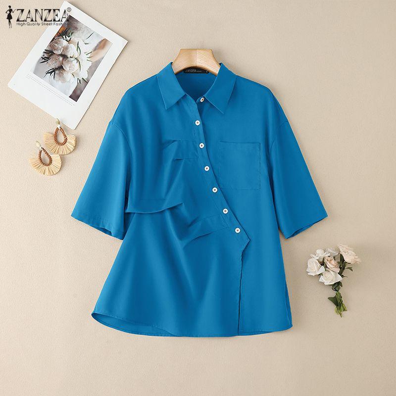 ZANZEA Kvinner Casual Turn Down Krage Sommer Kortermet Bluse
