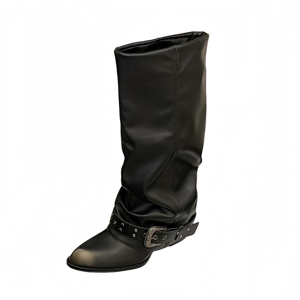 Pointed Pile Boots Women's Thick Heel Spice Girl Pleated Pants Boots Small Man But Knee Knight Boots