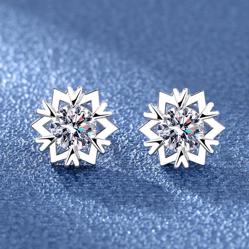 Silver Plated Snowflake Stud Earrings with 5A Zircon for Women - European, American, and Korean Fashion Jewelry