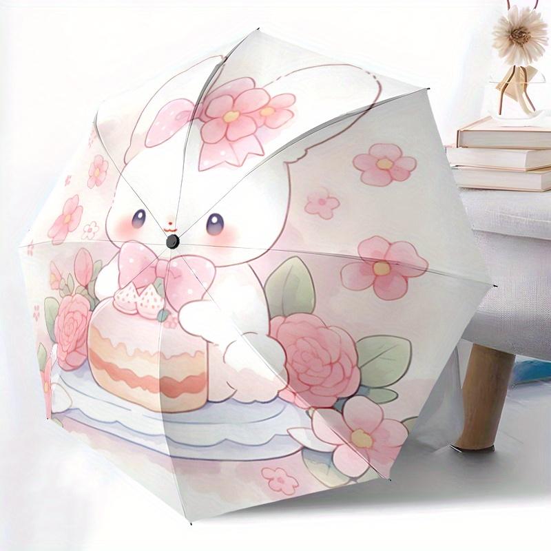 1pc Cake and Cute Bunny Automatic 3-Fold Fashion Umbrella Design, Cute Cartoon Pattern, Portable Outdoor Umbrella, Perfect, Holiday Gift for Disney Fa