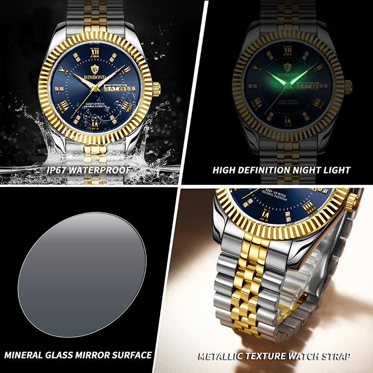 Binbond B0756 0756 Men Quartz Movement Watch Stainless Steel Band Auto Date Waterproof Luminous Business Casual Male Wristwatch