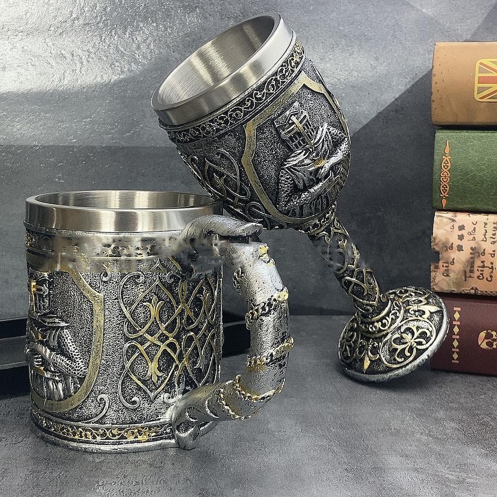 Knight Skull Beer Mug Vintage Cup Creative Relief Personalized Cup Drinking Cup Stainless Steel Halloween Gift Beer Goblet