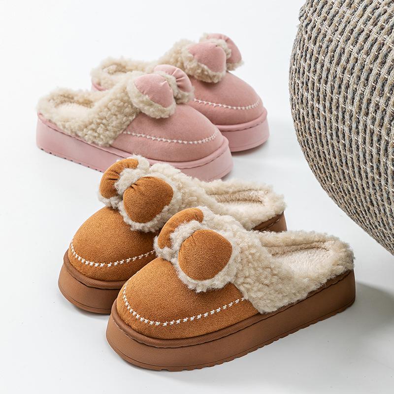 Bow Cotton Slippers Thickened Cotton Shoes Autumn and Winter Velvet Warm Comfortable Indoor Home and Outdoor Shoes