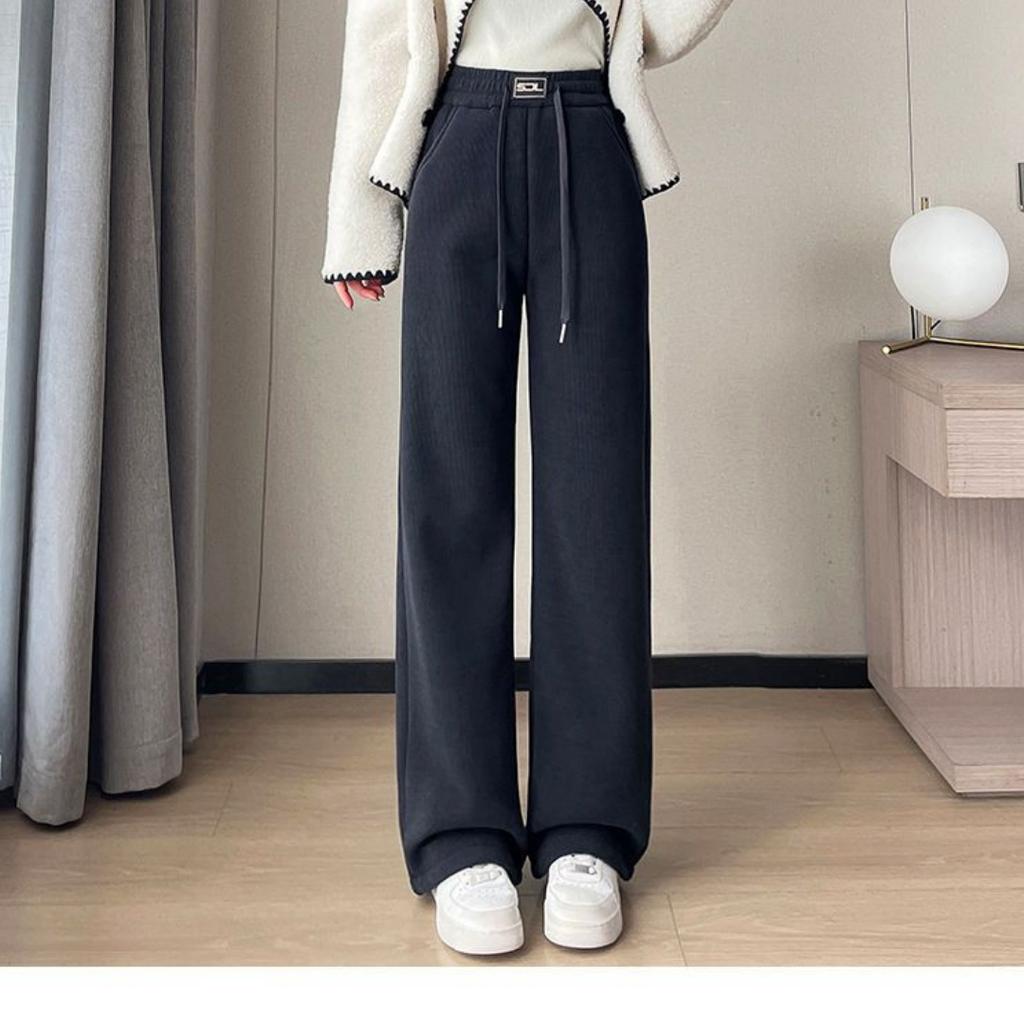 Women's Winter Plus Size Padded and Thickened Loose High-waisted Drape Trousers Casual Warm Skinny Dragging Trousers