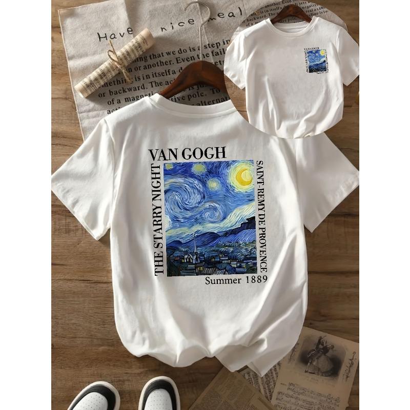 Women Van Gogh Starry Night Print T-Shirt Black Artistic Style Short-Sleeve Crew Neck Top Artistic Four Seasons Fashion T-Shirt