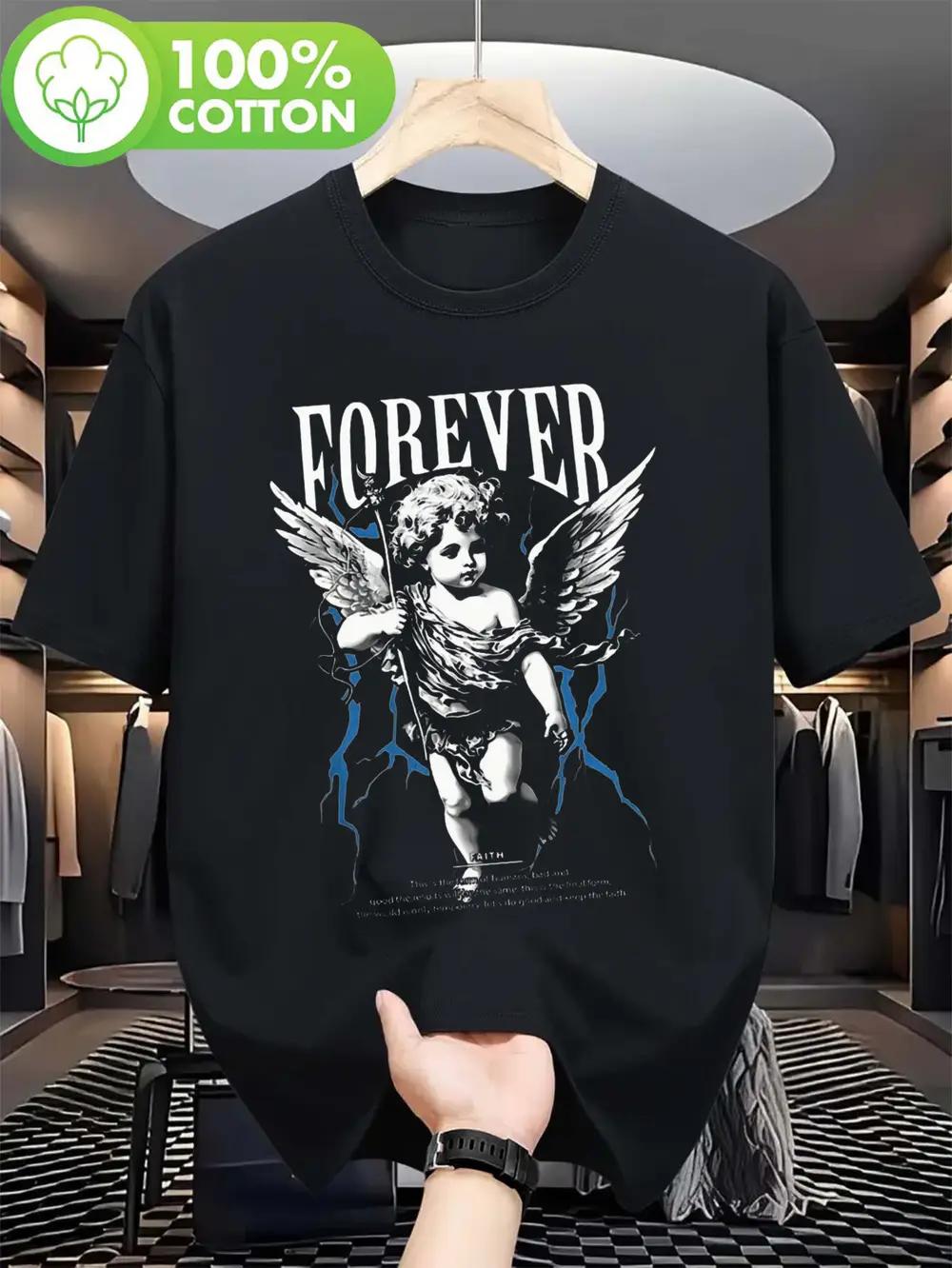 

Black Graphic T-shirt with White FOREVER Print & Winged Cupid Design - 100% Cotton Streetwear Tee for Casual XXL