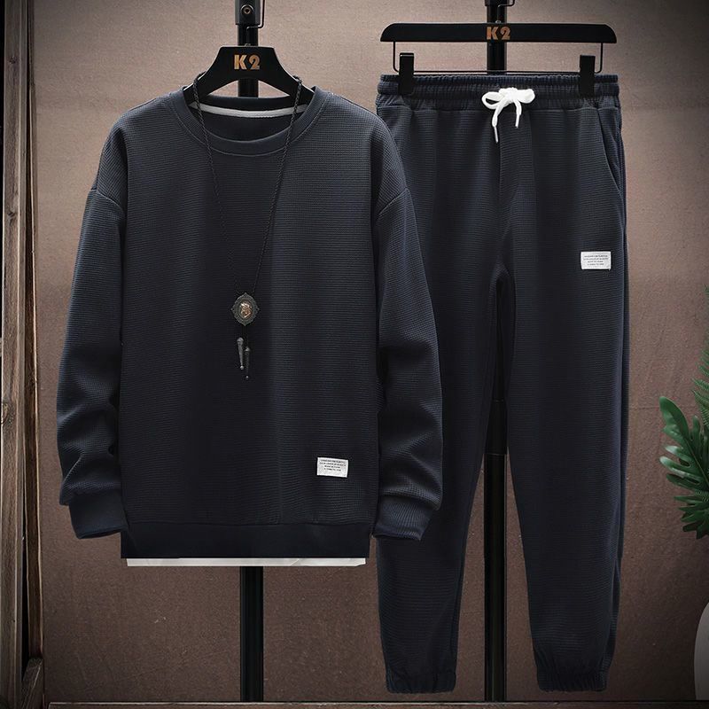 Sommer herre vaffelsett casual t-skjorte og buksesett herre sportsdress 2-pris sett ensfarget treningsdress løse dresser