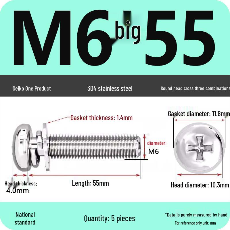 304 Stainless Steel Round Head Phillips Screw with Flat Washer (Sizes M3, M4, M5, M6)