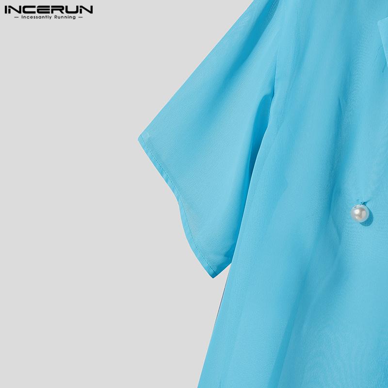 INCERUN Men Summer Short Sleeve Twisted Mesh Sheer Seen Through T-shirts