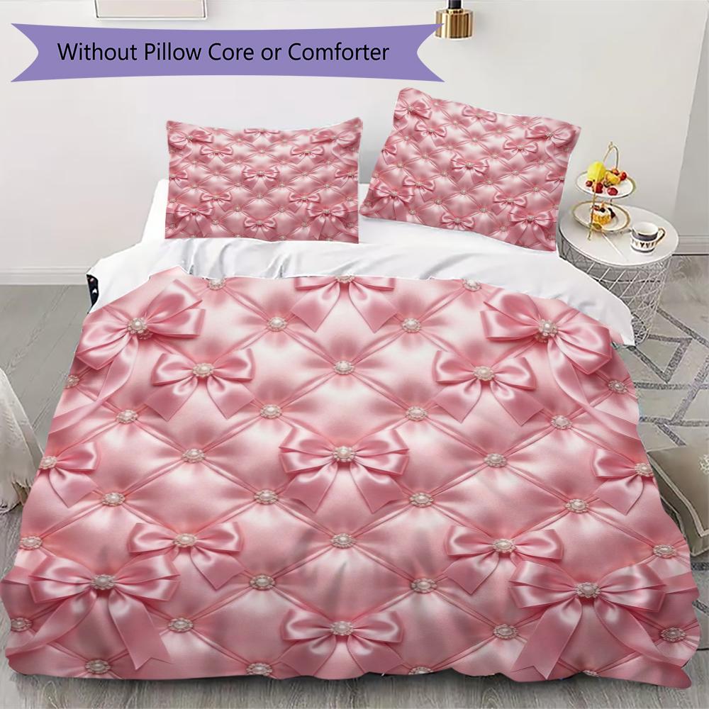 Pink Bow Pattern Bedding Uilt Set Uilt Cover Pillowcase Home Decoration Birthday Gift (1 * Duvet Cover + 2 * Pillowcase  Without Core)29