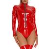 Women's High Neck Zipper Front Bodysuit Shiny Metallic Leather Catsuits Long Sleeves Jumpsuits