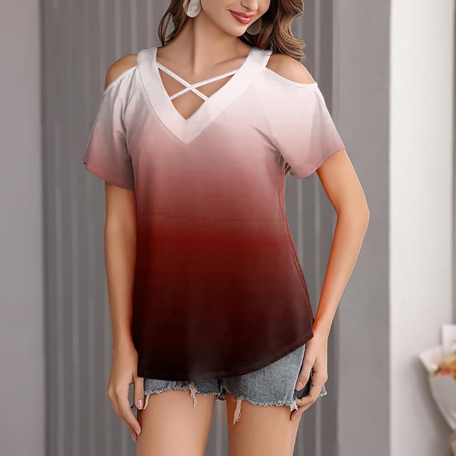 

Женская футболка свободного покроя с открытыми плечами, V-образным вырезом и короткими рукавами, с градиентным принтом XL винный