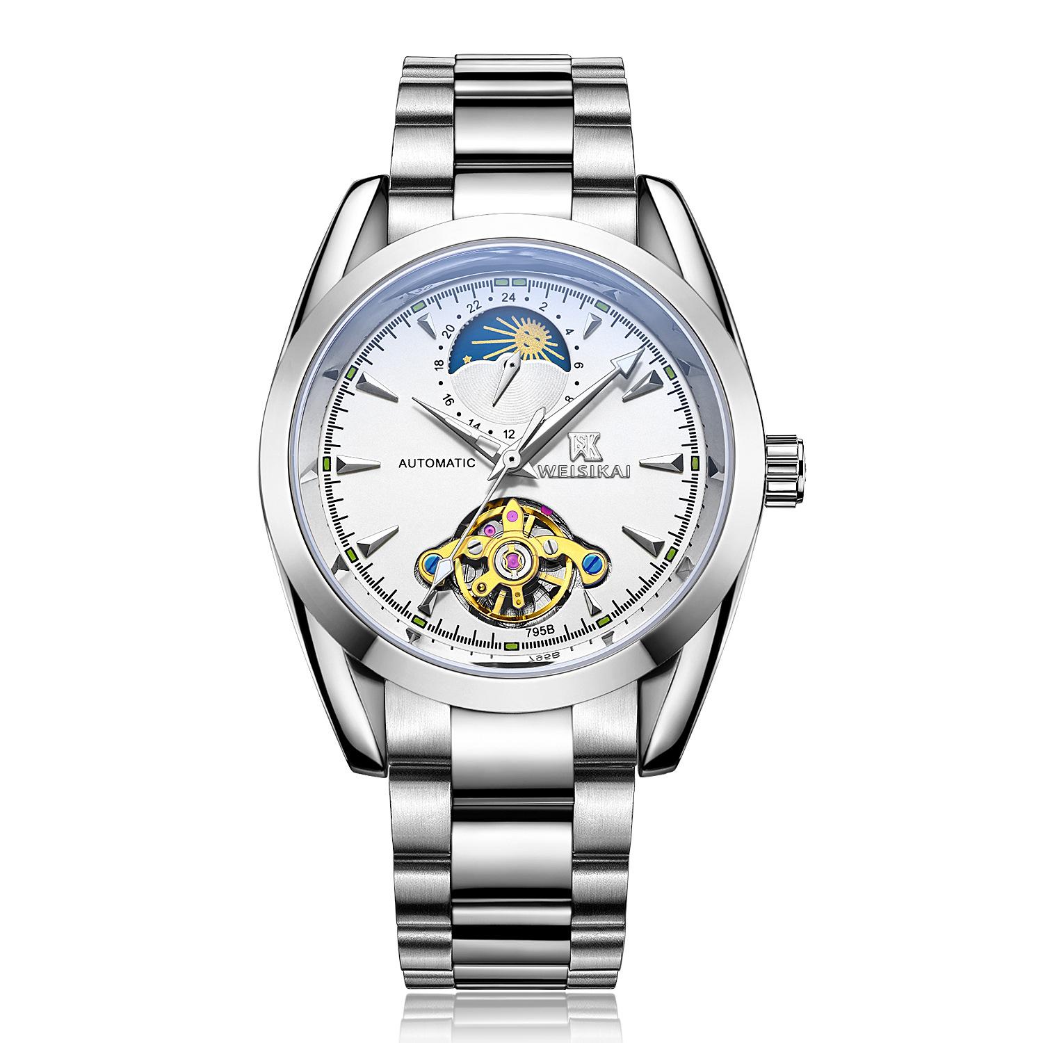 

WEISIKAI 795B Мужские часы Новые роскошные мужские часы топ-бренда с коробкой Водонепроницаемые светящиеся автоматические мужские механические часы белый