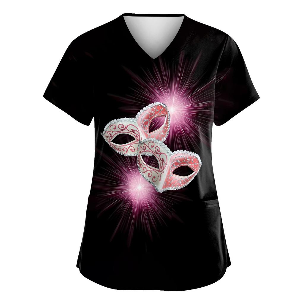 Damen Karneval Bedruckte Uniform Arbeitsuniform V-Ausschnitt Tasche Schützende Uniform