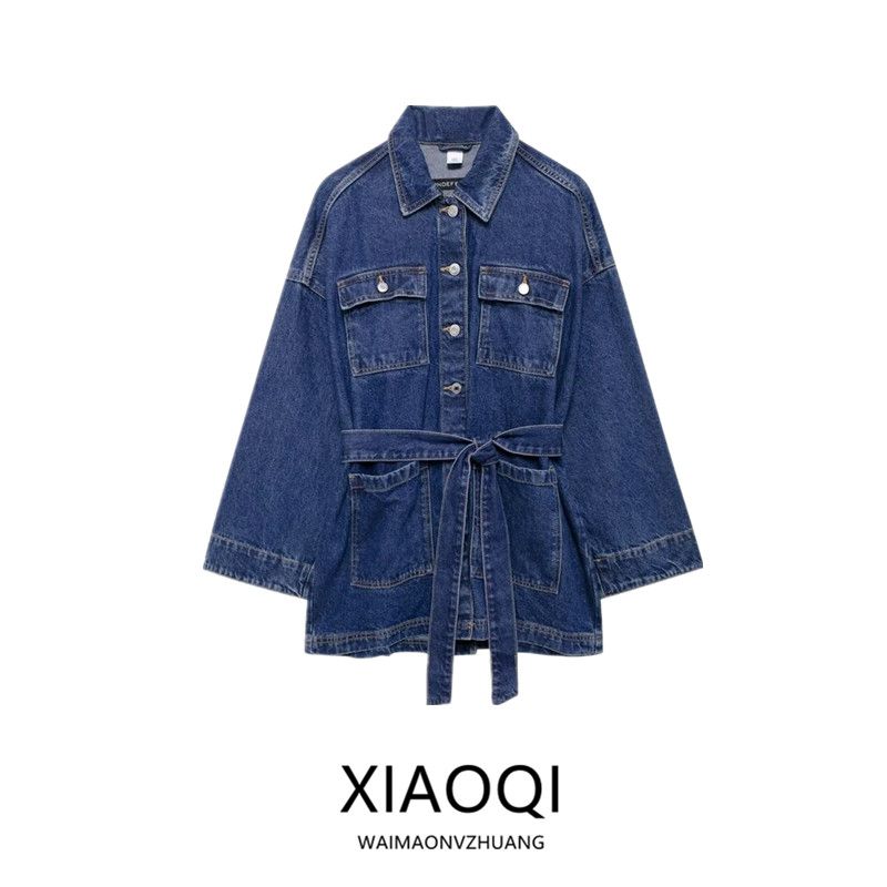 Fashion Style 2024 Autumn New Arrival Women's Clothing Easiest for Match Waist Lace-up Waist-Controlled Lapel Denim Plus Size Outwear 1208391