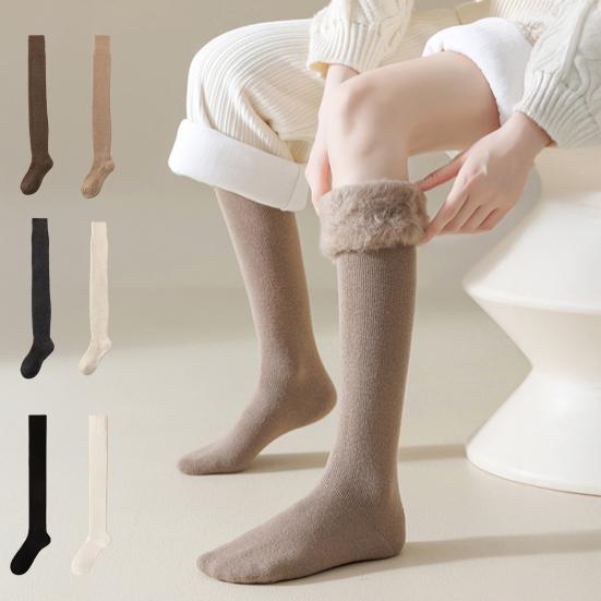 1 Pair Women Winter Warm Long Socks Solid Color Thickened Soft Thermal Stockings Fluffy Female Over Knee Socks