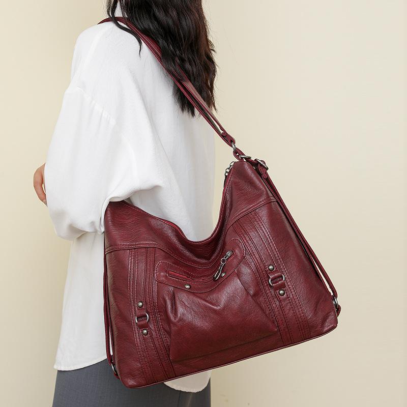 Women's Bag Soft Leather Women's Large Capacity Single Shoulder Crossbody Bag Retro Zipper Backpack
