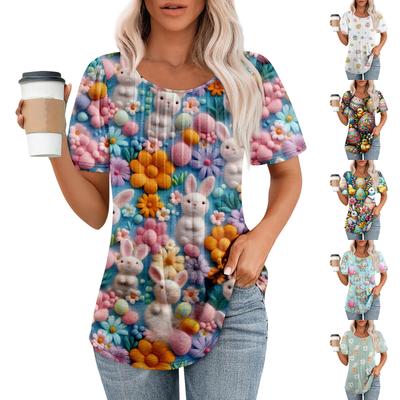 Camiseta feminina estampada de Páscoa casual plissada redonda manga curta