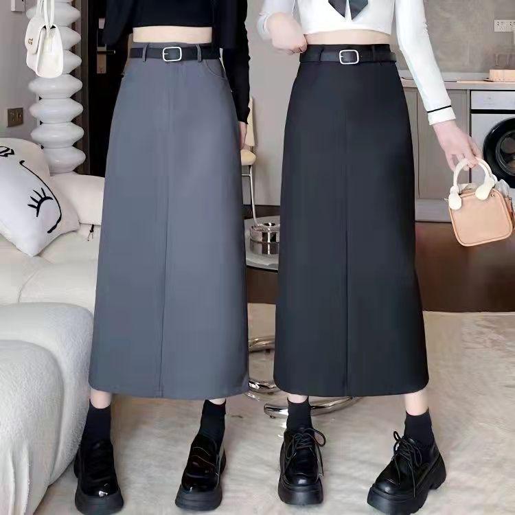 Women's Gray Midi Skirt - 2024 Spring/Autumn Collection: High Waist, Slimming Draped A-Line with Slit.