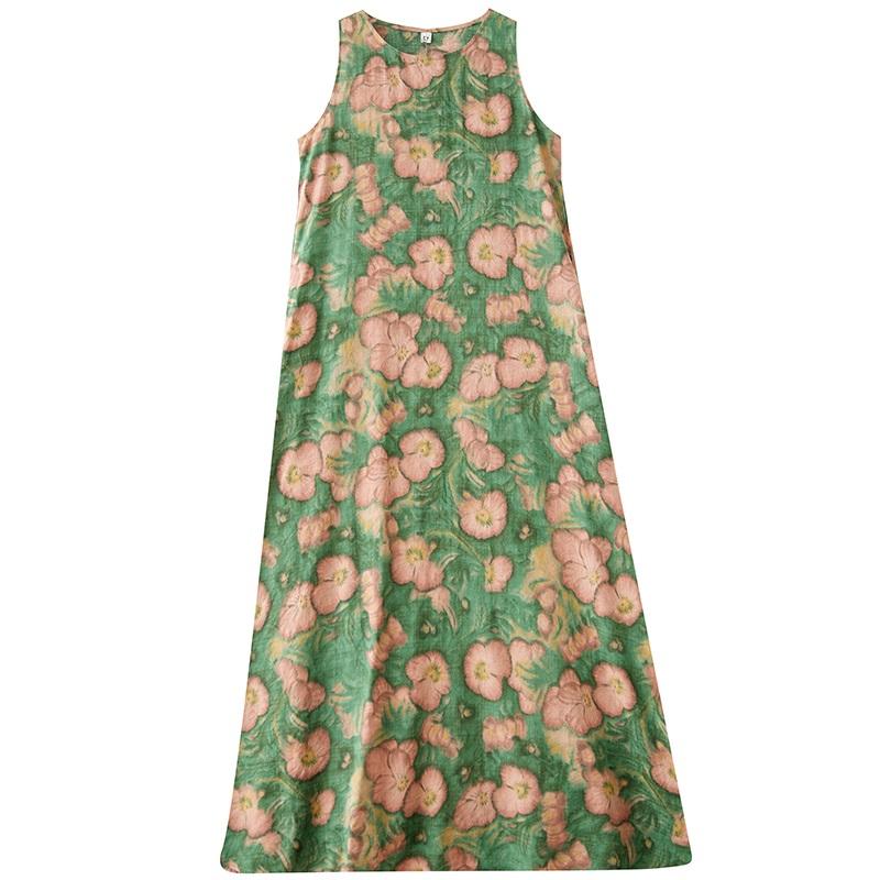 Ärmelloses Plus-Size-Baumwolle-Vintage-Blumenmuster, neue Kleider für Damen, lässig, locker, langes Sommerkleid