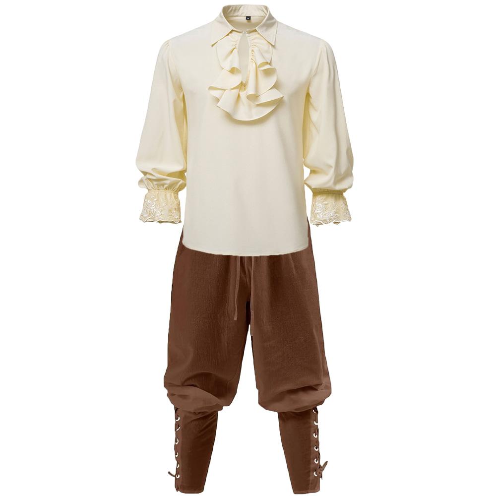 2-teiliges Set für Herren, mittelalterliche Kleidung, Party-Kostüm, Männerhemden und Piratenhosen, Halloween-Anzüge für Männer