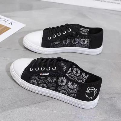 Damskie tenisówki Małe białe buty Koronkowe oddychające nowe letnie studenckie siatkowe Casualowe sznurowane Czarne płaskie buty Buty sportowe