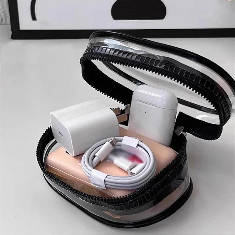 New Round Black PVC Transparent Storage Bag Jewelry Organizer Portable Keychain Data Cable Earphone Coin Charger Storage Pouches