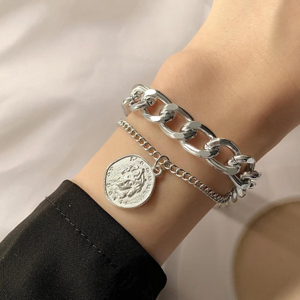 Punk Golden Metal Thick Chain Bracelets for Women Men Pentagram Heart Beads Pendant Charm Bracelet Set Fashion Jewelry