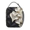 Black And White Flower Pattern Insulated Lunch Bag for Women Children Portable Food Boxes Thermal Lunch Box Tote