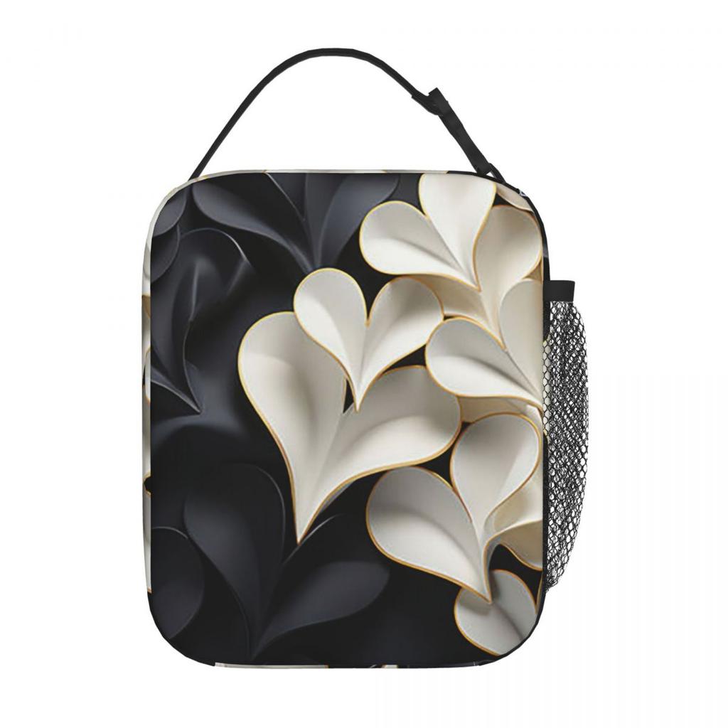 Black And White Flower Pattern Insulated Lunch Bag for Women Children Portable Food Boxes Thermal Lunch Box Tote