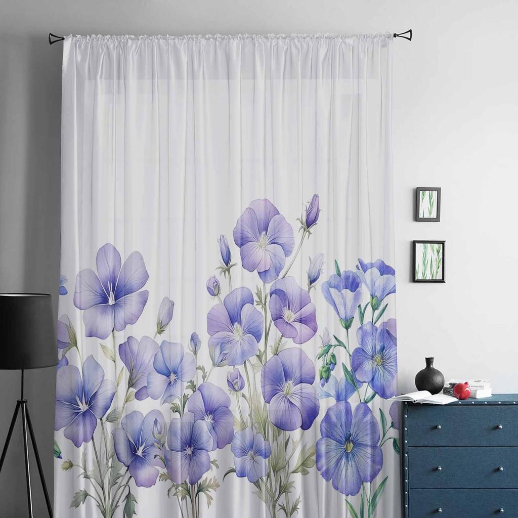 Aquarell handbemalte Trompetenblumen-Tüll-Fenstervorhänge für Schlafzimmer, luxuriöse Wohndekor-Vorhänge im Wohnzimmer, Chiffon-Paneele